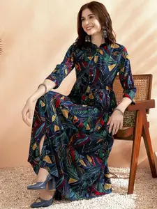 Anouk Navy Blue Abstract Printed A-Line Ethnic Dresses