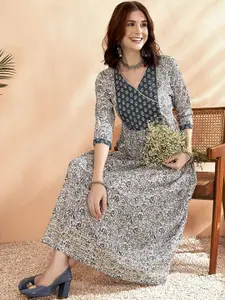 Anouk Off White Floral Printed V-Neck Gathered Pure Cotton A-Line Ethnic Dress