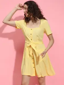 Oxolloxo Square Neck Short Sleeves Button-Down A-Line Dress With Pockets and Tie Knot