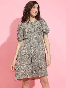 Oxolloxo Animal Printed Round Neck Short Puff Sleeves High-Low Cotton A-Line Dress