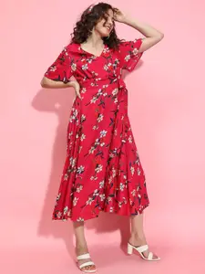 Oxolloxo Floral Print V-Neck Short Sleeves Midi Wrap Dress