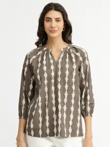 Pink Fort Geometric Print Mandarin Collar Cotton Top