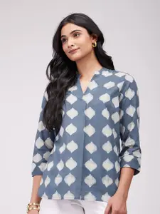 Pink Fort Geometric Print Mandarin Collar Cotton Shirt Style Top