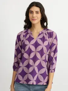 Pink Fort Geometric Print Mandarin Collar Cotton Top