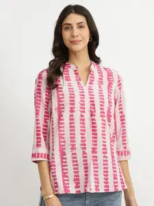Pink Fort Print Mandarin Collar Cotton Shirt Style Top