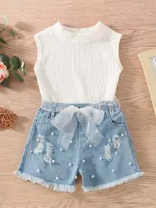 INCLUD Girls Striped Self Design Round Neck Top With Beaded Ribbed Shorts