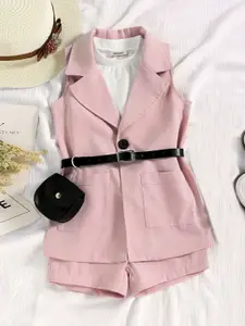 INCLUD Girls Belted Detail Notched Lapelled Collar Blazer Styled Top With Shorts