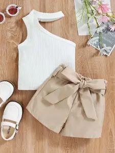 INCLUD Girls Striped Self Design One Shoulder Top With Shorts