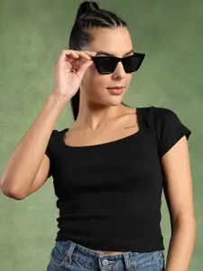 The Roadster Lifestyle Co Solid Knits Square Neck Cotton Crop Tops