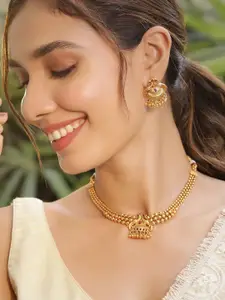 Rubans 22K Gold-Plated Red Stone with Gold Beaded Peacock Design Traditional Necklace Set