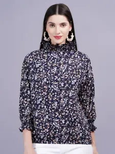 KALINI Floral Print High Neck Cuffed Sleeves Women Top