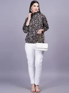 KALINI Floral Print Rayon High Neck Cuffed Sleeves Regular Women  Top