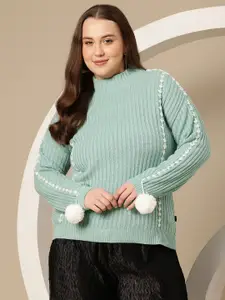 Sztori Plus Size Ribbed Acrylic Pullover with Embroidered Detail