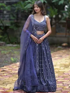FABPIXEL Embroidered Sequinned Semi-Stitched Lehenga & Unstitched Blouse With Dupatta