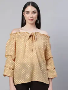 Global Republic Polka Dot Print Off-Shoulder Bell Sleeve Bardot Top