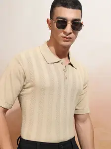 HIGHLANDER Men Relaxed Fit Textured Short Sleeves Half Placket Polo Collar T-shirt