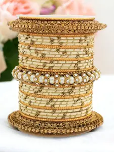 leshya Set Of 31 Brass Plated Stones Studded & Beaded Thread Bangles