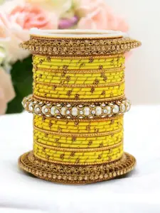 leshya Set Of 31 Brass Plated Stones Studded & Beaded Thread Bangles
