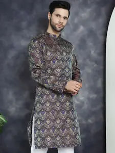 Jompers Ethnic Motifs Woven Design Mandarin Collar Jacquard Weave Straight Kurta