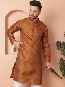 Jompers Ethnic Motifs Printed Mandarin Collar Jacquard Weave Straight Kurta