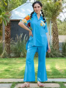 JISORA Pure Cotton Shirt Collar Top With Flared Palazzos Co-Ords