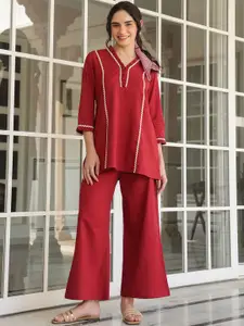 JISORA V Neck Pure Cotton Printed Top With Palazzo Co-Ords