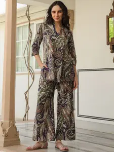 JISORA Navy Blue & Green Printed Pure Cotton V Neck Top With Palazzos