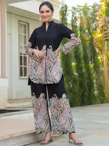 JISORA Mandarin Collar Printed Top With Palazzo Co-Ords
