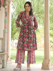 JISORA Grey & Red Floral Printed Pure Cotton Top With Shrug & Palazzos