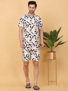 Sweet Dreams White & Blue Shirt Collar Printed Shirt With Shorts Co-Ords