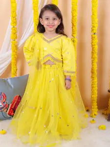 BownBee Girls Floral Embellished Sequinned Net Ready to Wear Lehenga & Blouse With Dupatta