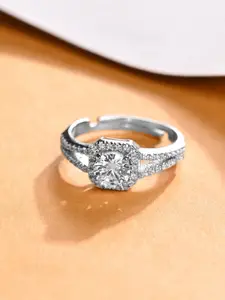 Clara 92.5 Sterling Silver Platinum-Plated CZ-Studded Cathedral Adjustable Finger Ring