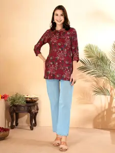 Anouk Maroon Floral Printed  Thread Work A-Line Short Kurta