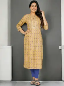 Jevi Prints Checked Notch Neck Gotta Patti Cotton Straight Kurta