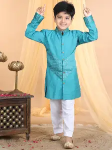 Sangria Boys Blue Woven Design Mandarin Collar Pure Cotton Straight Kurta With Trousers