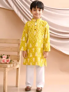 Sangria Boys Yellow Floral Printed Pure Cotton Straight Kurta With Pyjama