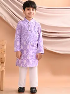 Sangria Boys Purple Printed Mandarin Collar Pure Cotton Straight Kurta With Trousers