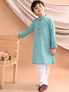 Sangria Boys Blue Floral Printed Pure Cotton Straight Kurta With Pyjama