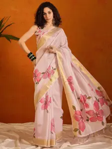 Saree mall Floral Printed Zari Organza Sungudi Sarees