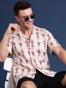 Hancock Men Ikat Printed Cuban Collar Relaxed Fit Casual Shirt