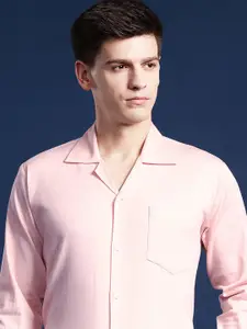 Hancock Men Self Design Cotton Stretch Cuban Collar Relaxed Fit Formal Shirt