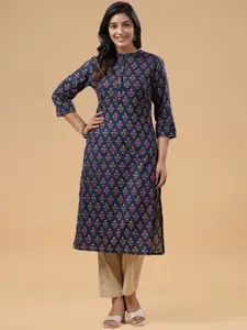 SAVI Floral Printed Band Collar Straight Cotton Kurta