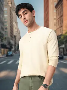 Urbano Fashion Men's Cloud Cream Solid Henley Neck Slim Fit Full Sleeve Cotton T-Shirt