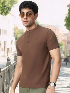 Urbano Fashion Men's Cocoa Brown Solid Mandarin Collar Slim Fit Half Sleeve Cotton T-Shirt