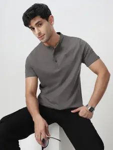 Urbano Fashion Men's Dark Grey Solid Mandarin Collar Slim Fit Half Sleeve Cotton T-Shirt