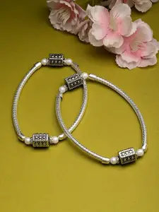 Sanjog Silver-Plated Beaded Oxidised Pearl Tribal Anklets