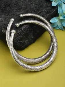 Sanjog Set Of 2 Silver-Plated Engraved Tribal Design Adjustable Oxidised Kada Anklets