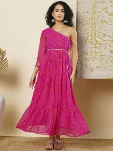 Globus Bandhani Printed One Shoulder Flared Hem Fusion A-line Maxi Dress