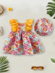 INCLUD Girls Floral Print Fit & Flare Dress with Hat