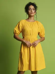 Globus Puff Sleeves Gathered Cut-Outs Waist Knee Length Fit & Flare Dress